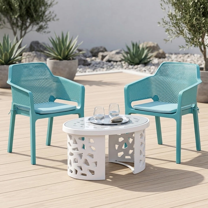 Nilkamal Captain Chairs and Crystal Glass Top Coffee Table Plastic Outdoor Set (Sapphire Blue & Milky White)