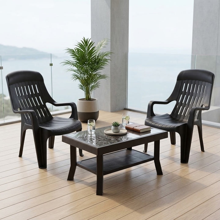 Nilkamal Weekender Chairs and Glass Top Coffee Table Plastic Outdoor Set (Weather Brown)